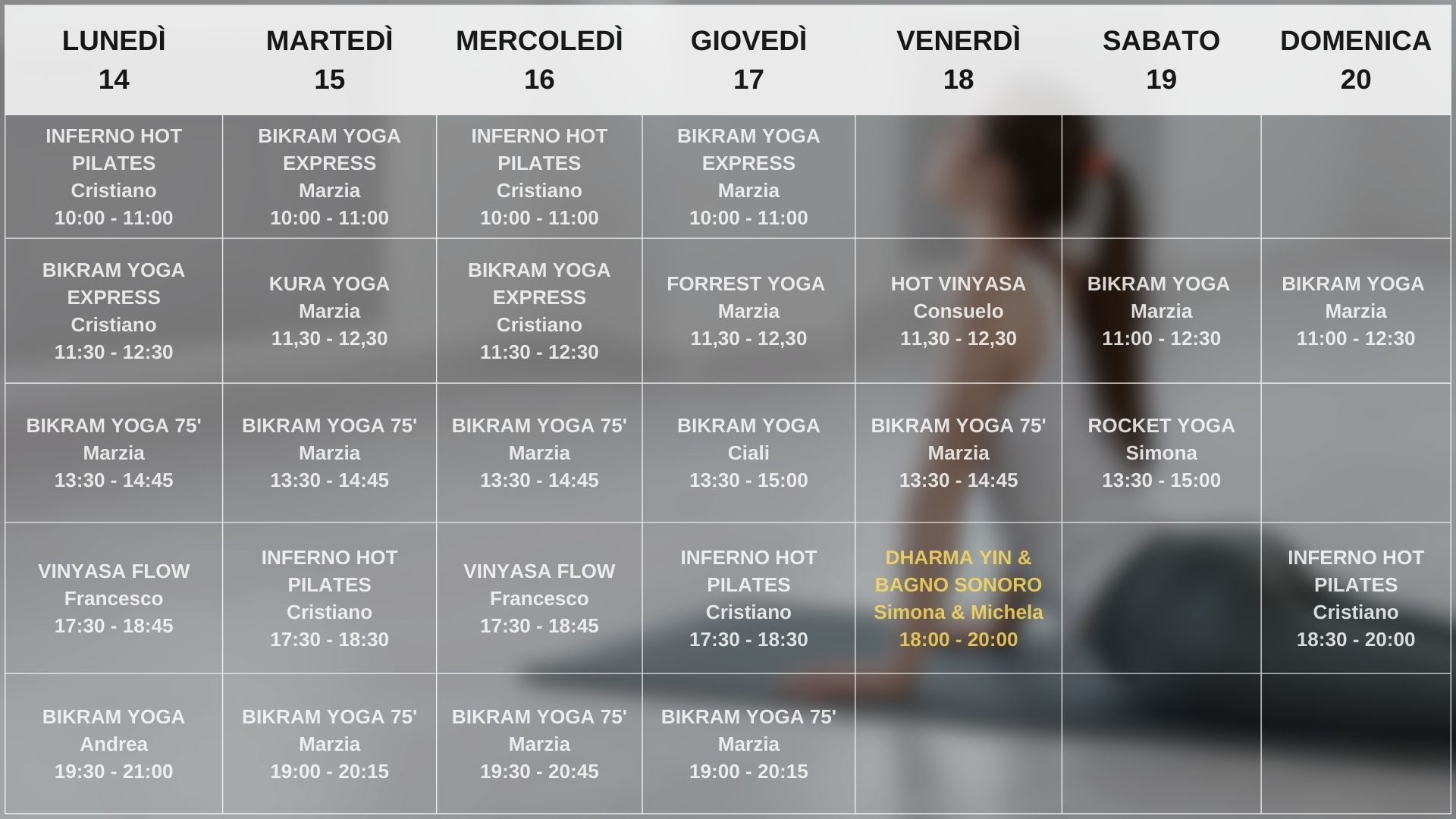 Orario settimanale Bikram Yoga Roma